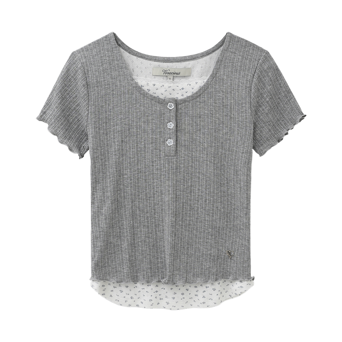 VV62TS10GR VIVACIOUS Murielle Flower Punching Layered Short Sleeve Tee GREY
