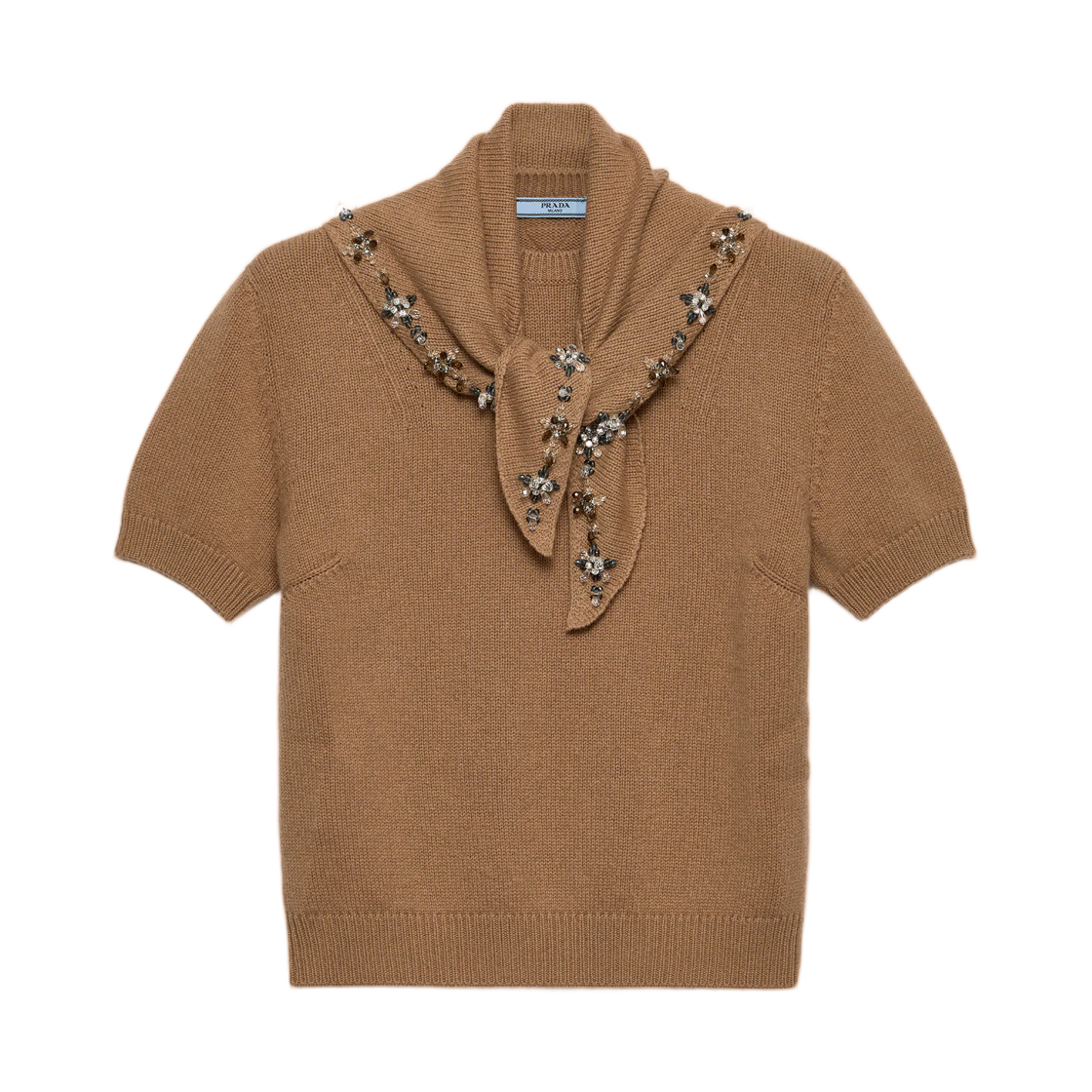 P24D3G-17E2-F0040 (W) Prada Short-Sleeved Cashmere Sweater with Scarf Camel Brown