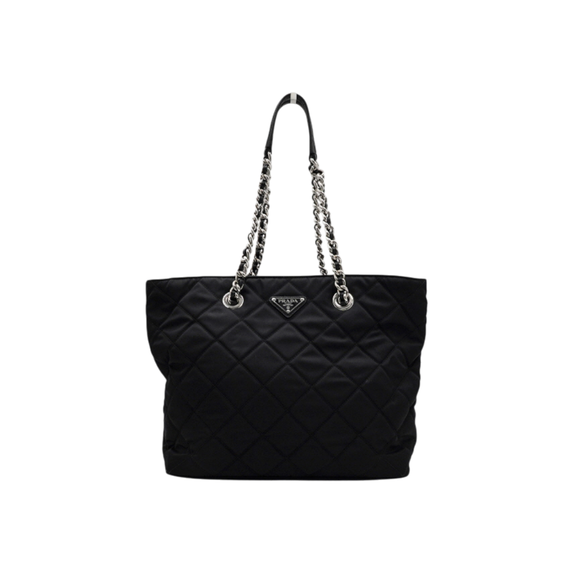 ITPN2HH9A7O2 Prada Silver Logo Black Nylon Quilted Chain Shopper Bag
