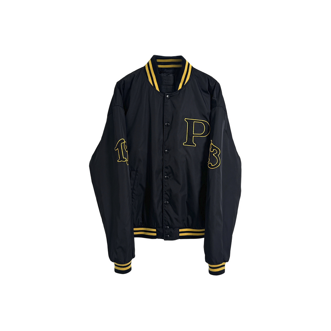 IT7LQGJV5V7G Prada Logo Patch Re-Nylon Varsity Bomber Jacket Black