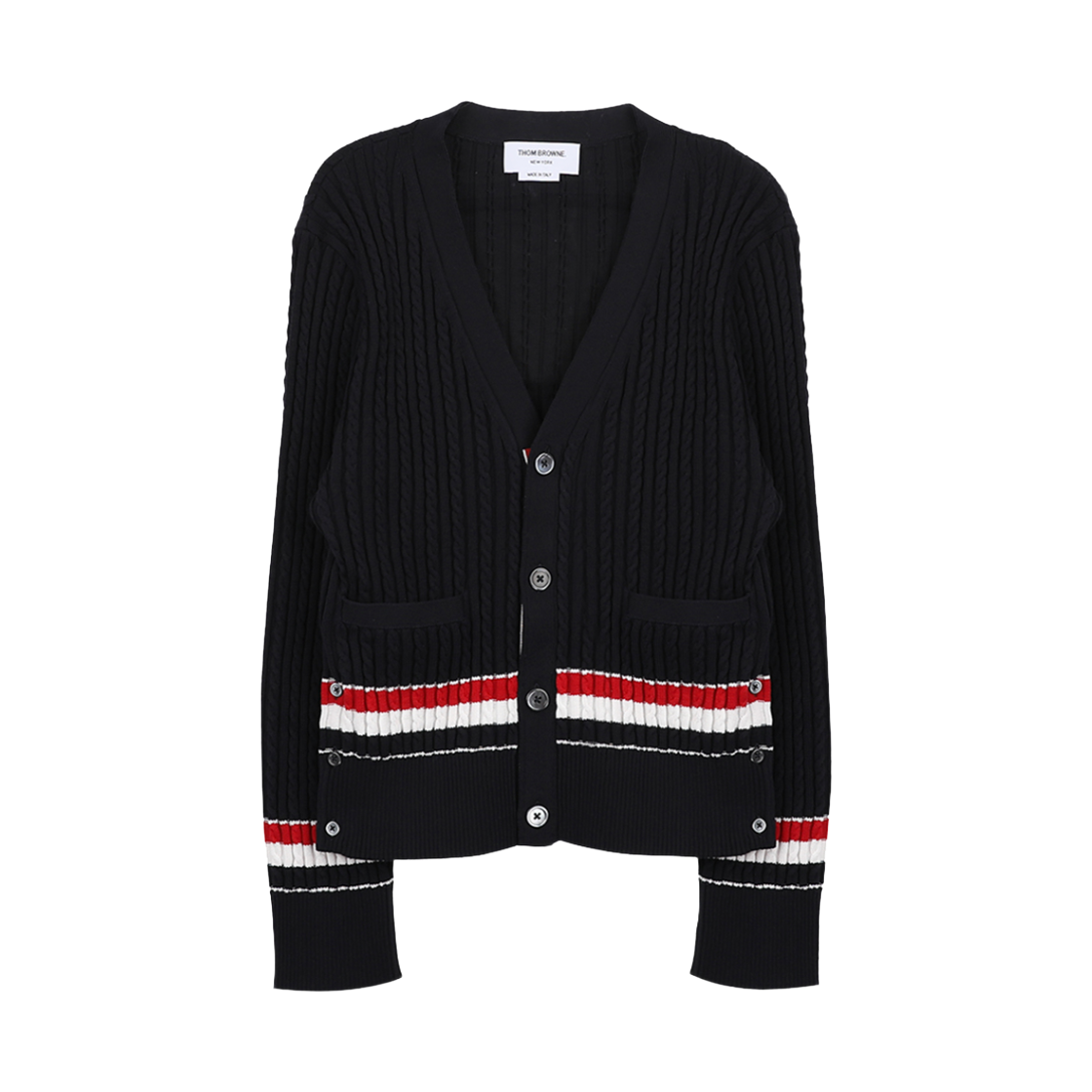 MKC640A-Y3014-415 Thom Browne RWB Stripe Cotton Baby Cable V-Neck Cricket Cardigan Navy