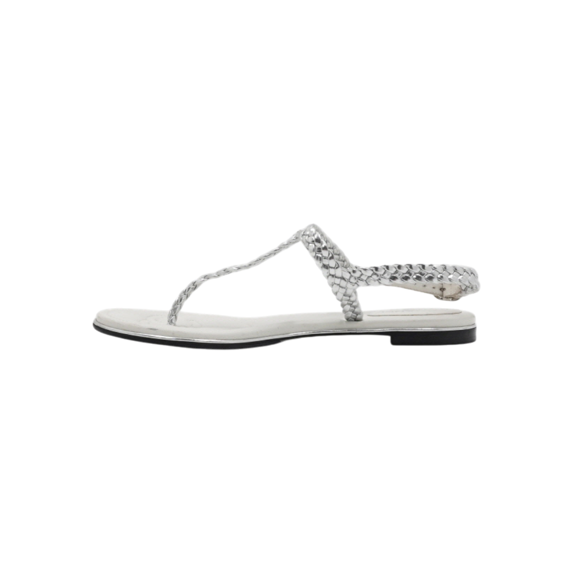 ITW5WNEGESB6 Chanel Silver CC Logo Woven Leather Sandals
