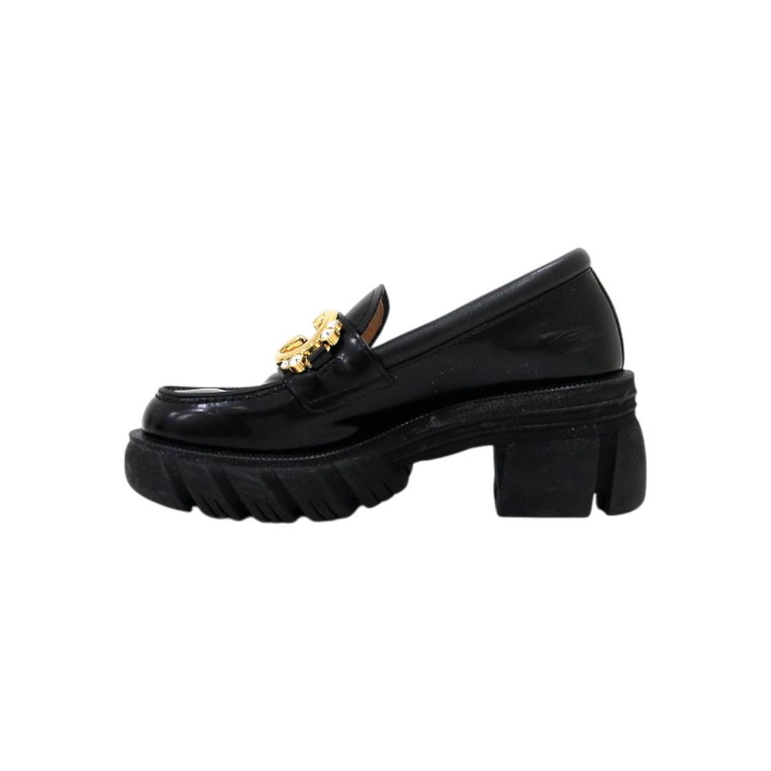 ITWUSV2LSETM Gucci Interlocking G Crystal Black Rug Sole Loafers