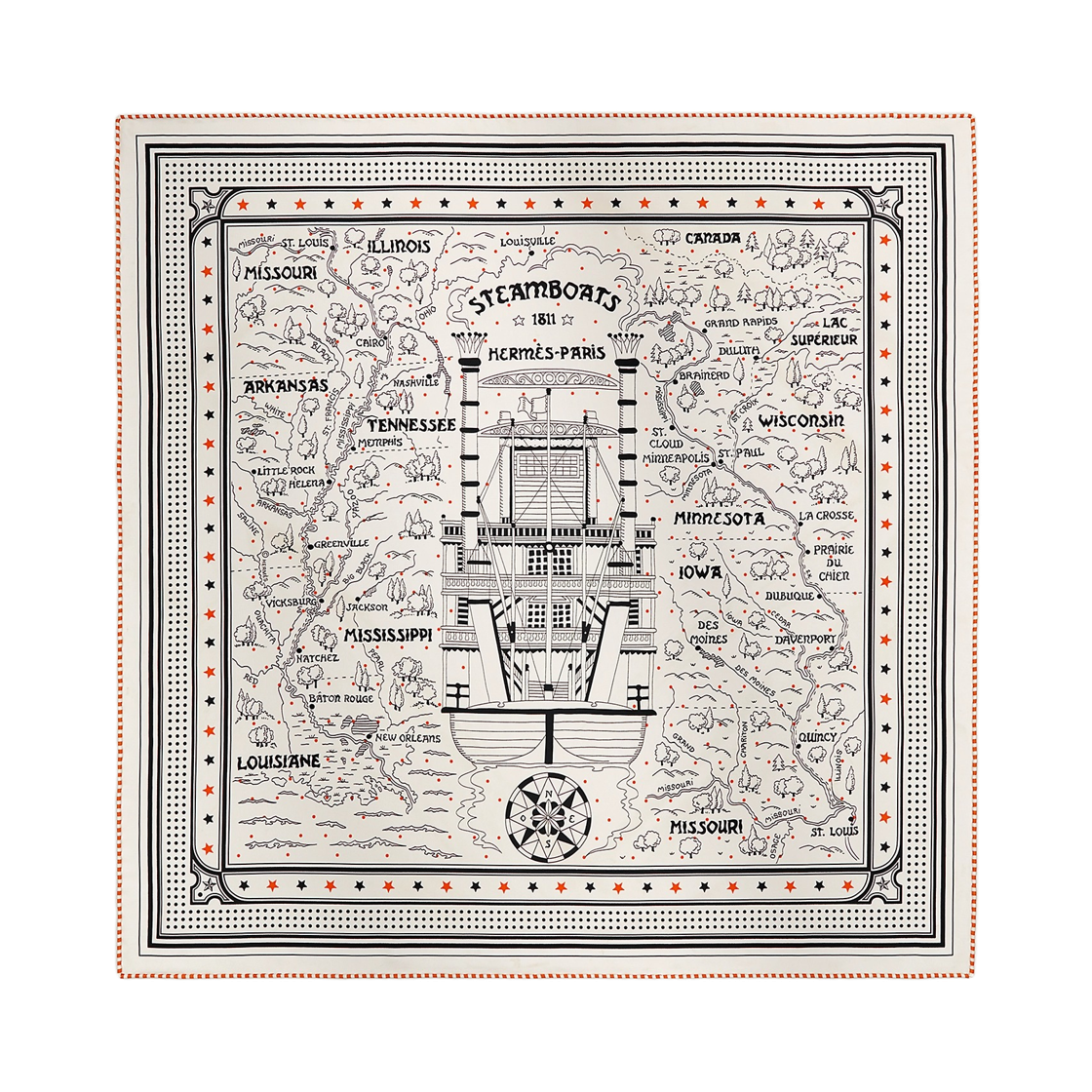 H043708S06 (W) Hermes Steamboats Bandana 55 Silk Twill & Blanc Noir Orange