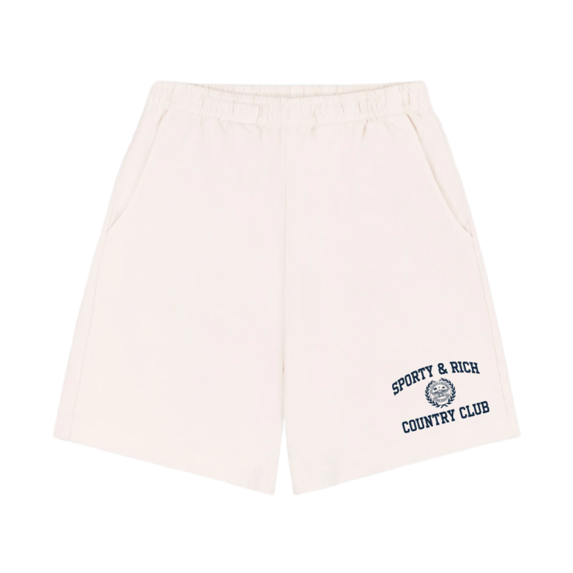 SH03976218WH Sporty & Rich Varsity Crest Gym Shorts Ecru Navy