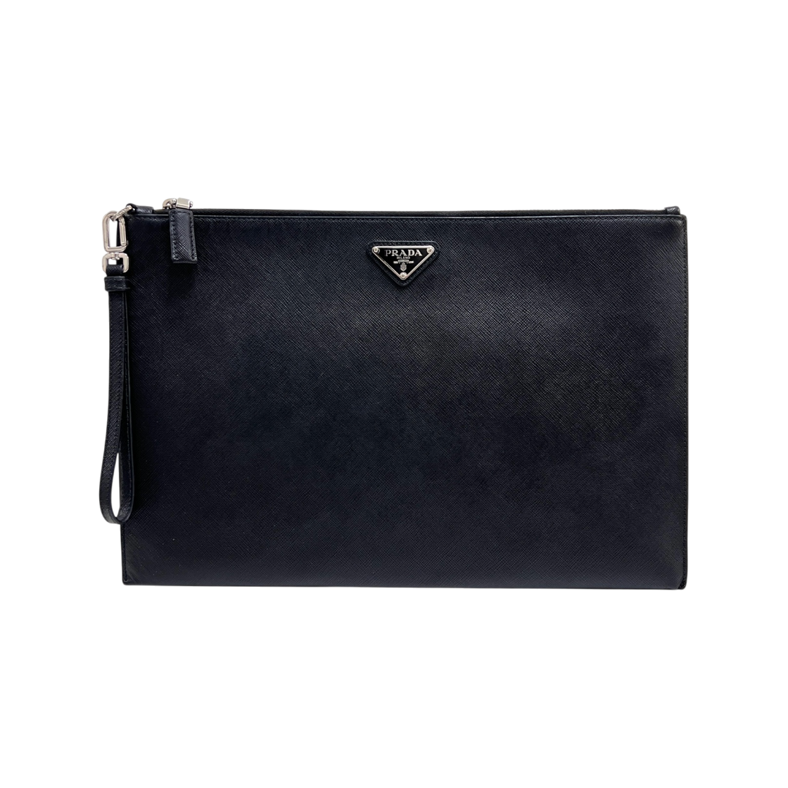 ITOPAWI57AKR Prada Saffiano Triangle Logo Clutch Bag Black