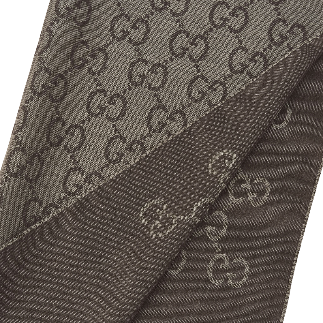 (W) 구찌 GG 울 실크 자카드 스카프 다크 브라운((W) Gucci GG Wool Silk Jacquard Scarf Dark Brown) - 3