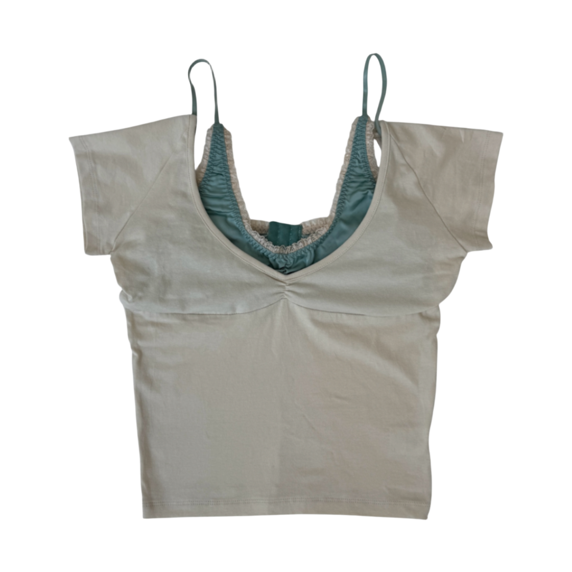 새틴 레이어드 티셔츠-크림 베이지(Satin Layered T-Shirt-Cream Beige) - 1