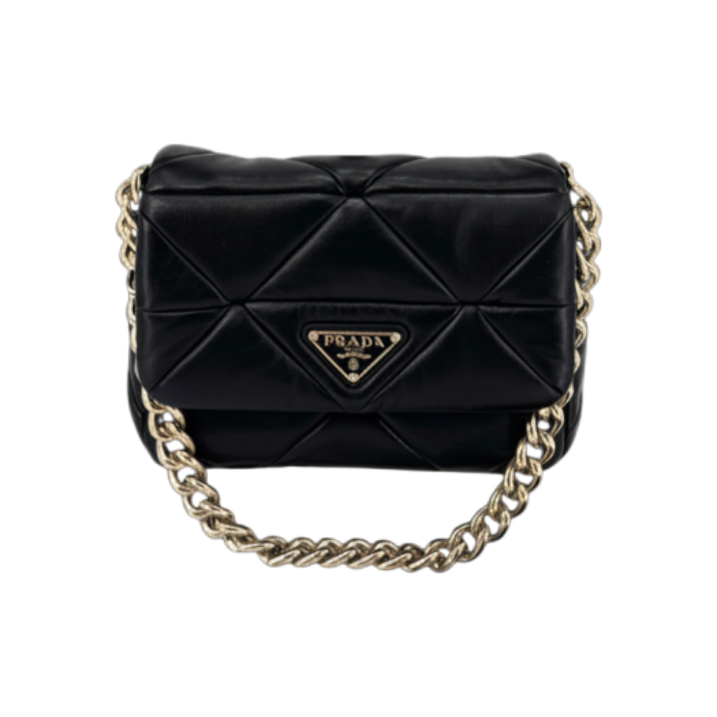IT6RSDCVPDT9 Prada Triangle Logo Padded Quilted Chain Shoulder Bag Black
