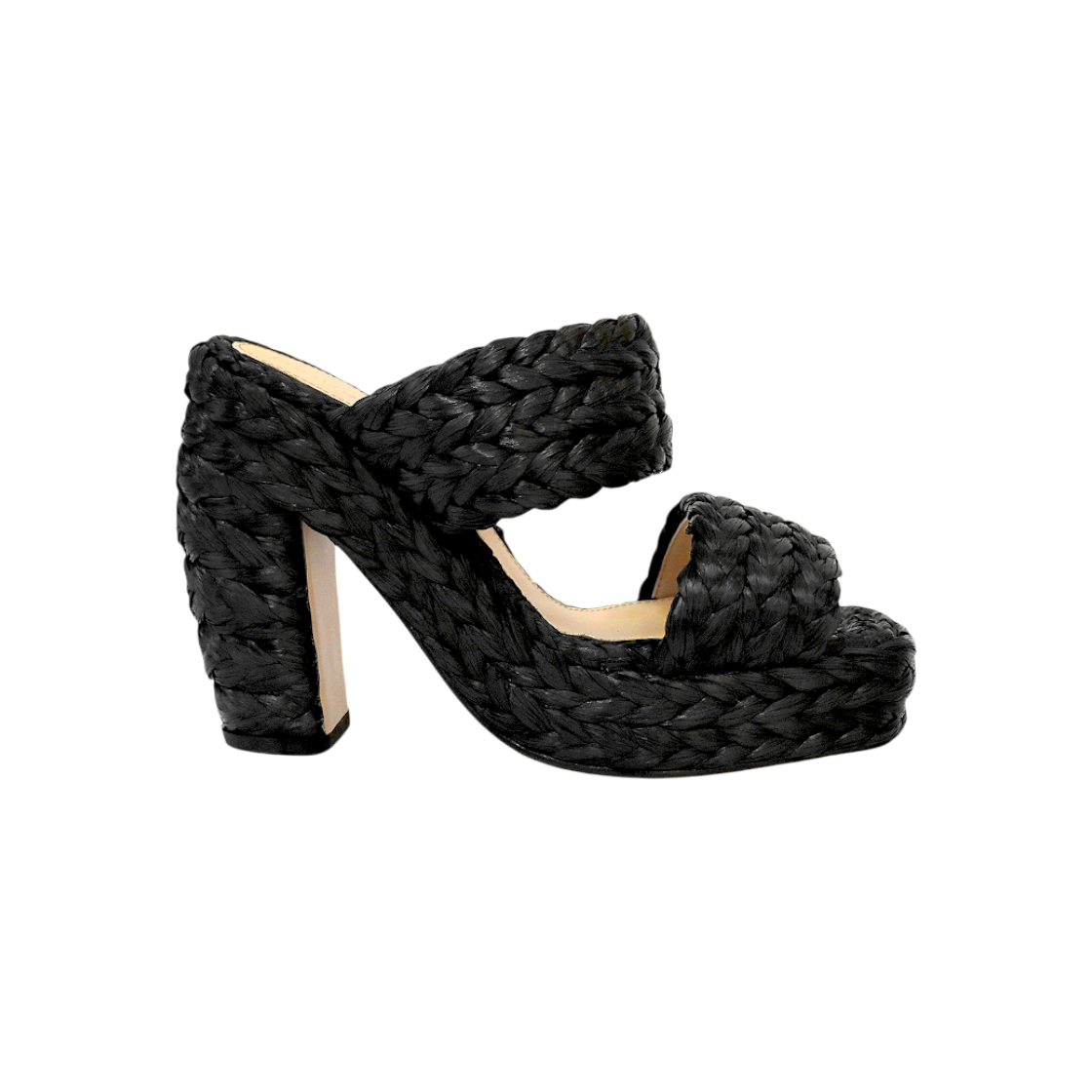 ITU8A3MJFDBA Bottega Veneta Black Raffia Sandal Heels