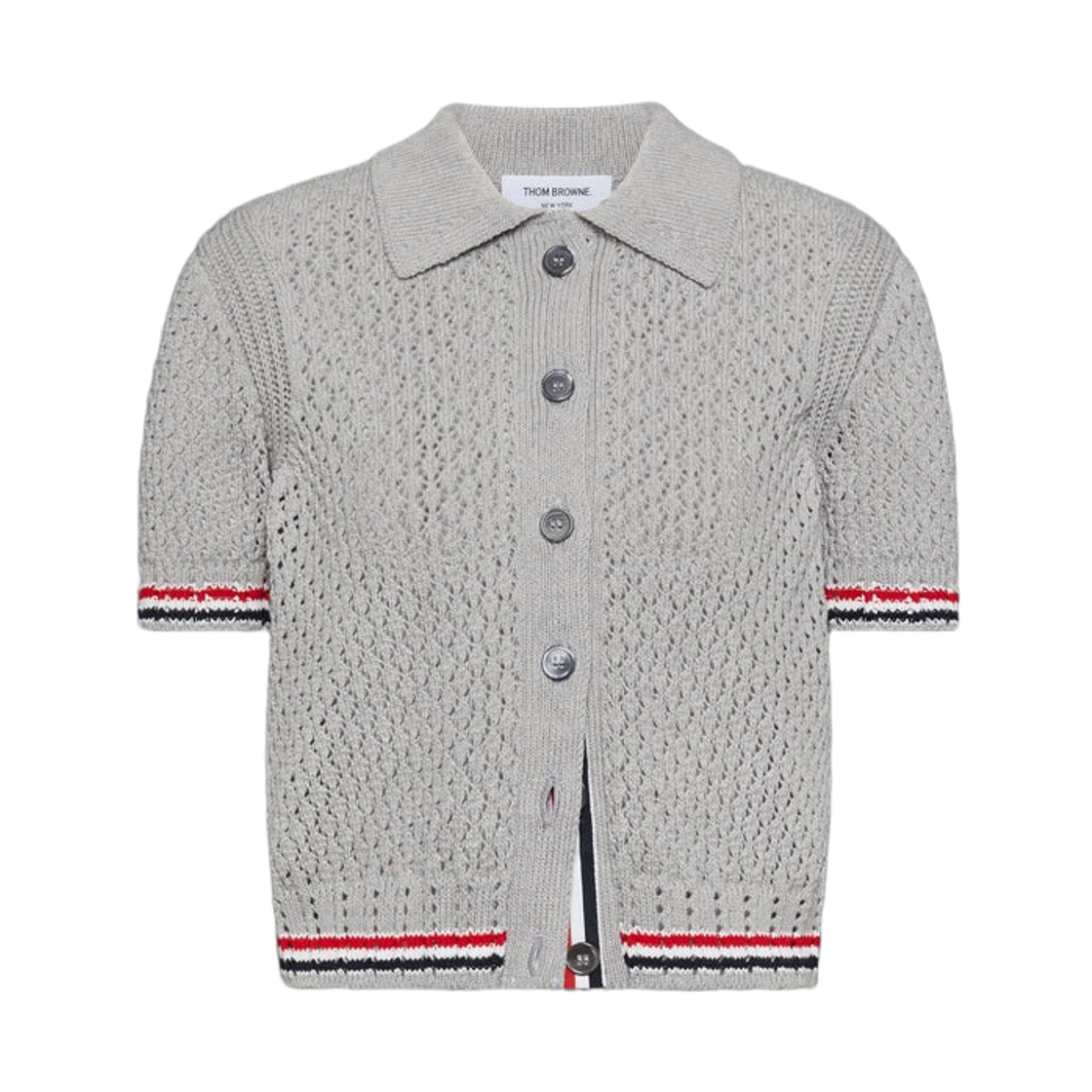 FKC694A-Y3062-065 (W) Thom Browne Hector Pointelle Short Sleeve Cardigan Light Grey