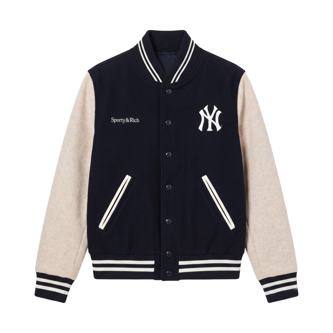OW007610675BL (W) Sporty & Rich x 47 Brand Yankees Curve Wool Varsity Jacket Navy Ecru