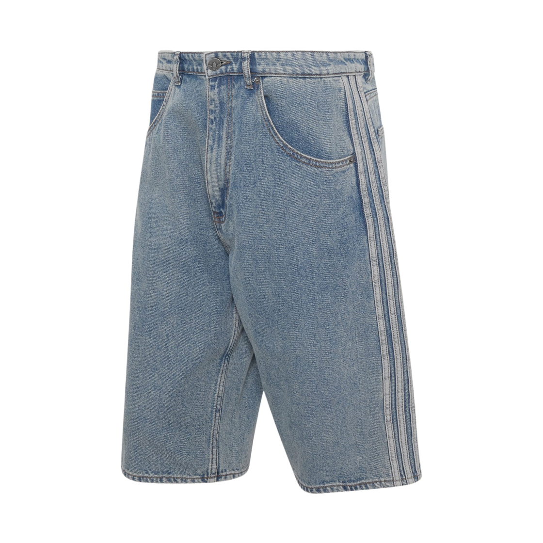 KS4975 Adidas Firebird Adicolor Denim Jorts Mid-Rise Straight Leg Worn Blue Denim - KR Sizing