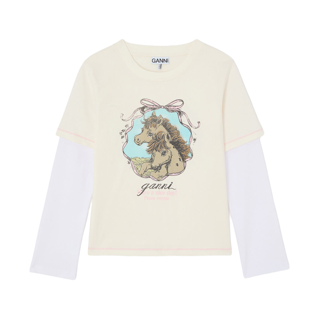 A1050214-135 (W) Ganni Baby Fit T-Shirt with Horses Egret