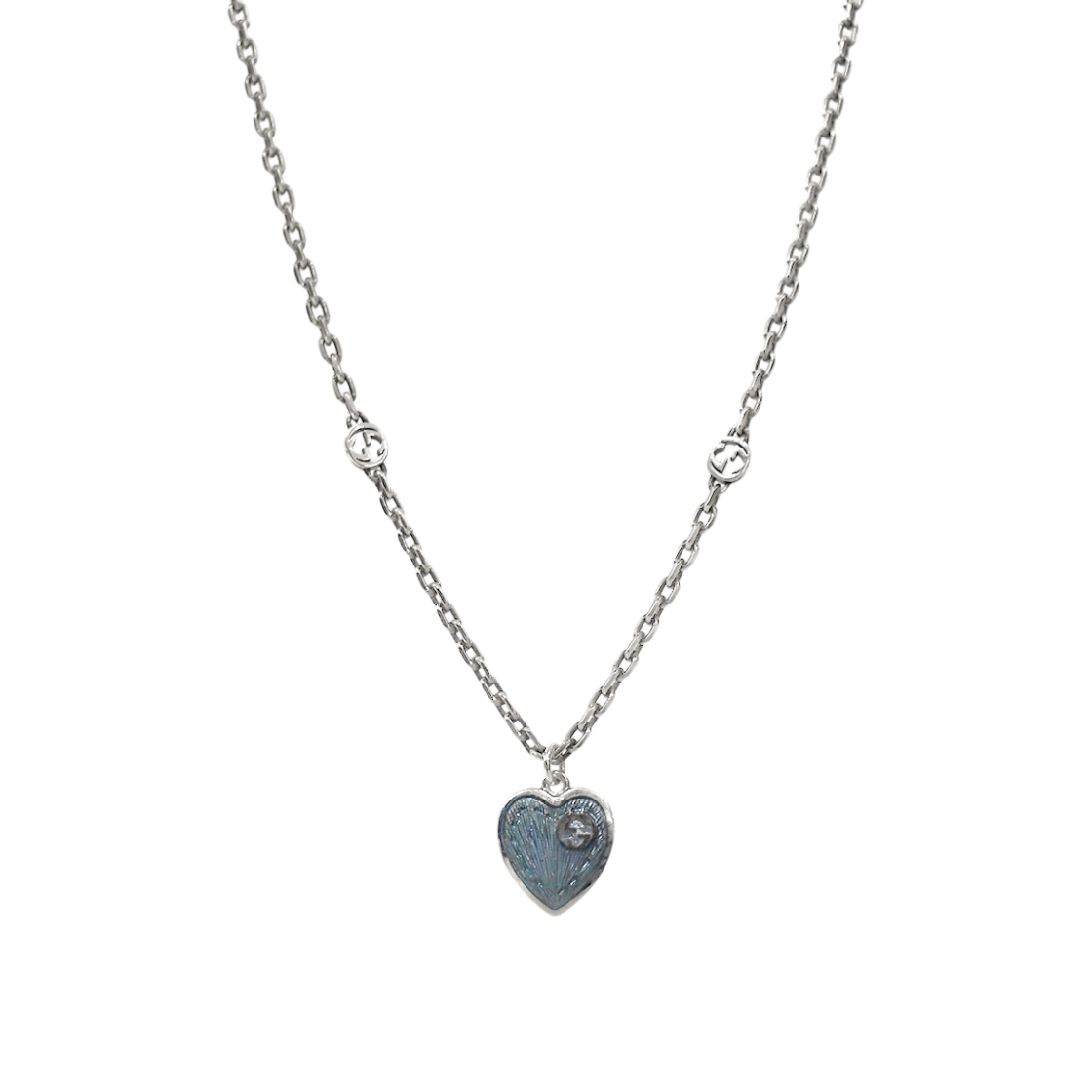 IT8PG4E3DA4I Gucci Blue Heart Interlocking G Silver Necklace