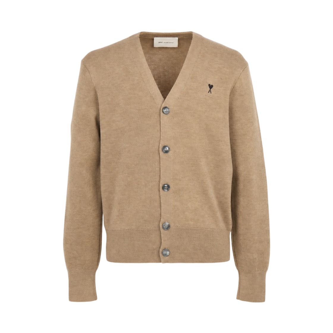 HKC361-001-A335 AMI de Coeur V-Neck Cardigan in Merino Wool Knit with Embroidery Camel Chine Black