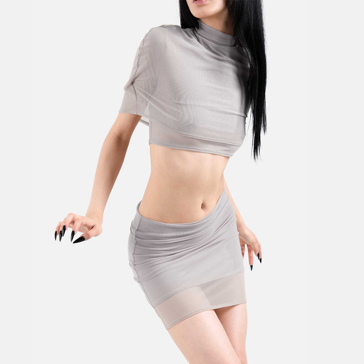트루엘 메쉬 하이넥 케이프 탑 라이트 그레이(Trooel Mesh High Neck Cape Top Light Gray) - 3