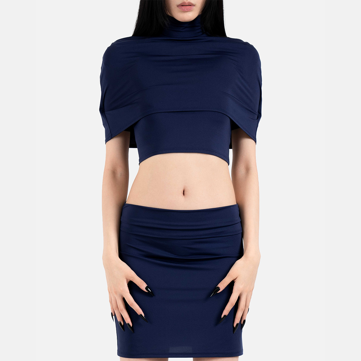 트루엘 오페이크 폴드오버 미디 스커트 네이비(Trooel Opaque Fold Over Midi Skirt Navy) - 4