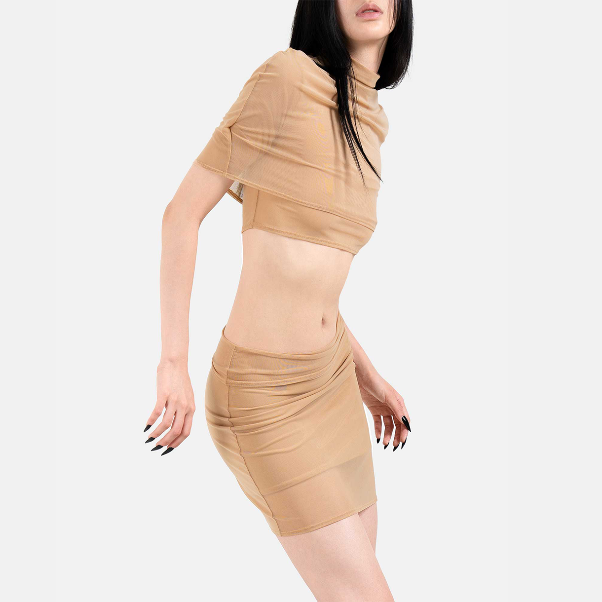 트루엘 메쉬 폴드오버 미니 스커트 누드(Trooel Mesh Fold Over Mini Skirt Nude) - 3