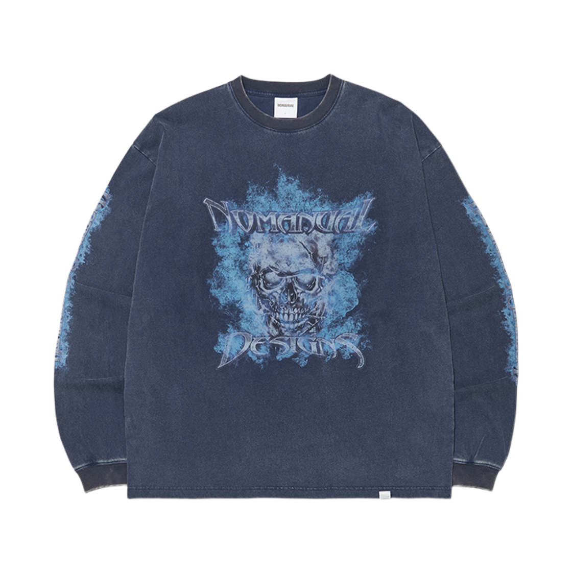 NMWF62LS14WNV NOMANUAL Flame Skull Long Sleeve Tee Washed Navy