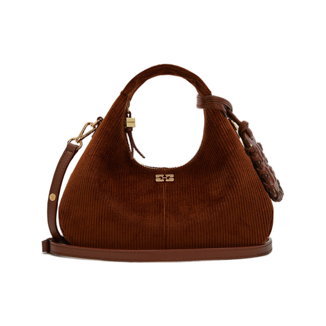 C1040079-900 Ganni Mini Hobo Bag in Brown Corduroy Tortoise Shell