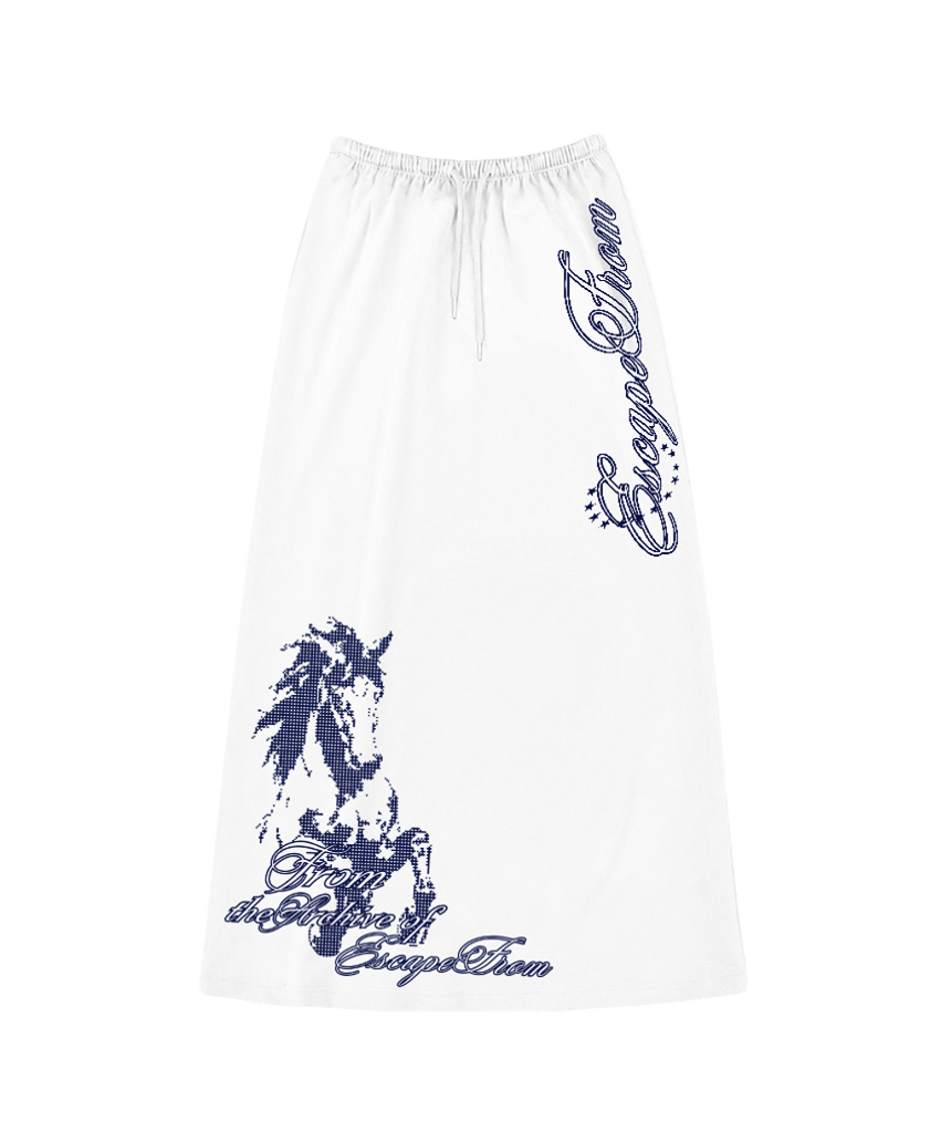 이스케이프프롬 아카이브 홀스 프린트 스웻 롱스커트 화이트(Escapefrom Archive Horse Print Sweat Long Skirt White)