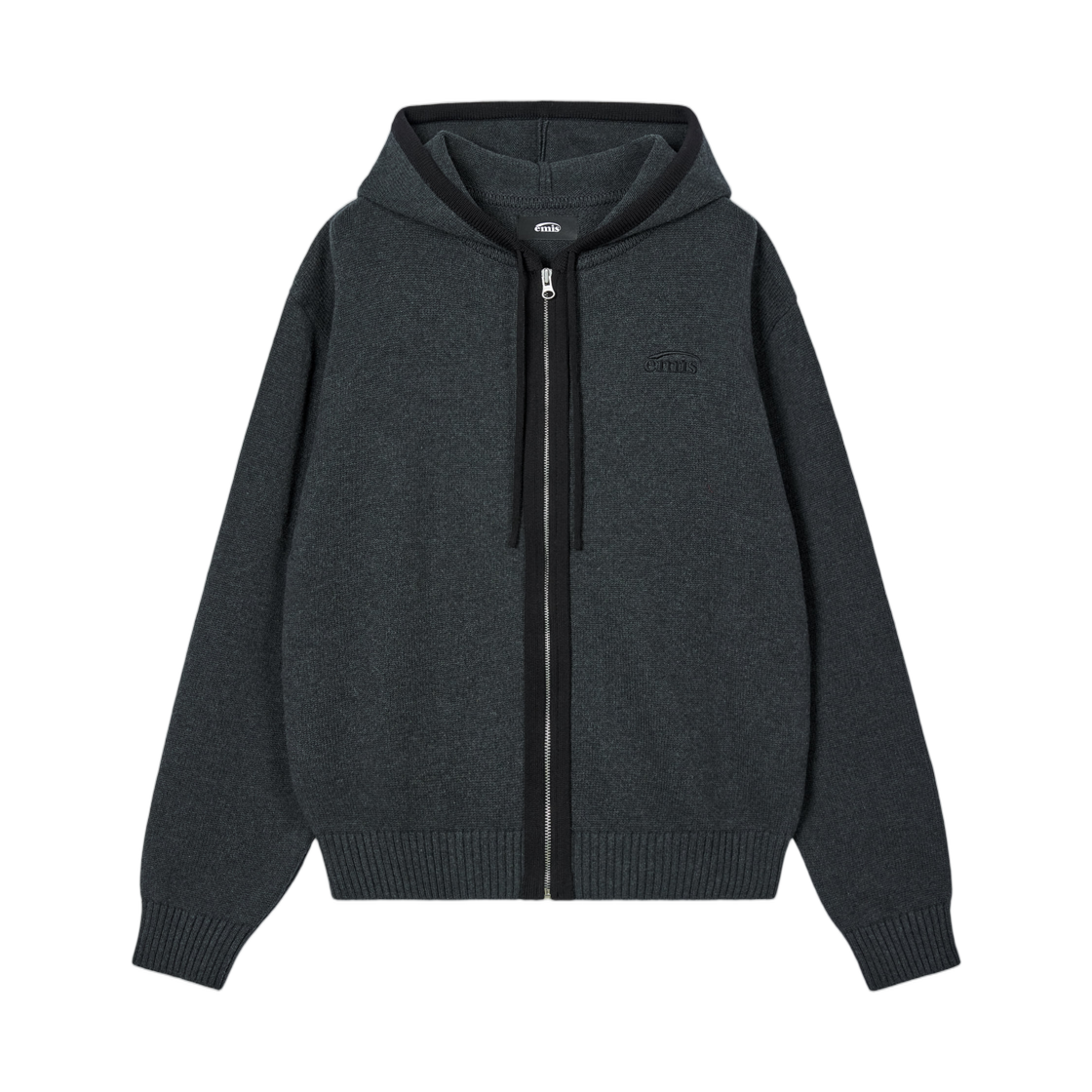 이미스 컬러 블록 니트 후드 집 업 차콜(Emis Color Block Knit Hood Zip Up Charcoal)