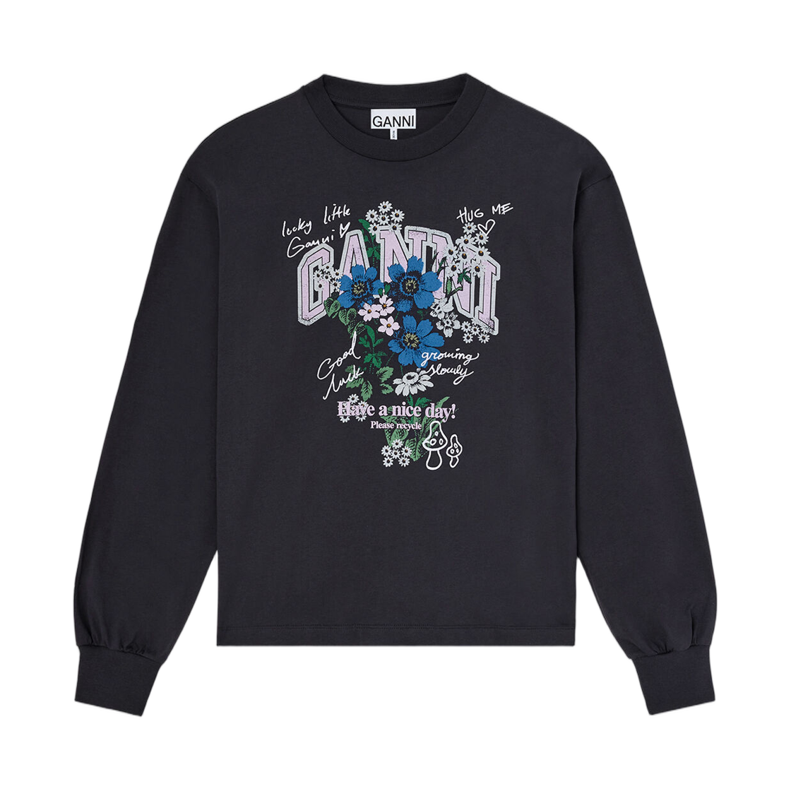 A1050305-252 (W) Ganni Long Sleeve T-Shirt with Flowers Phantom