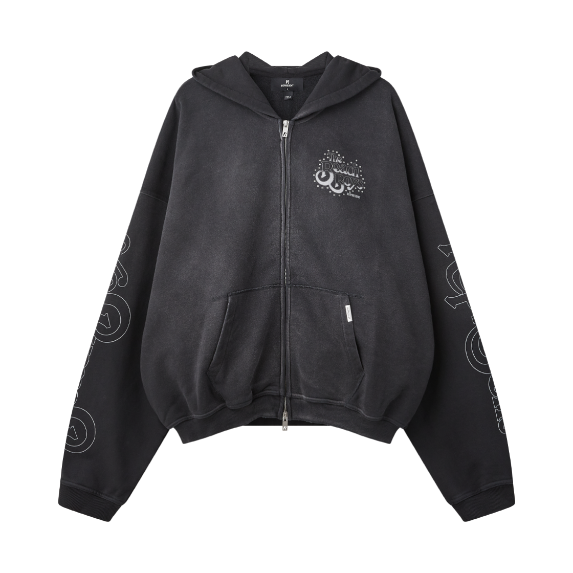 리프레젠트 x 비치 보이스 엔드리스 서머 집 스루 후디 스테인드 블랙 - 26FW(Represent x Beach Boys Endless Summer Zip Through Hoodie Stained Black - 26FW)