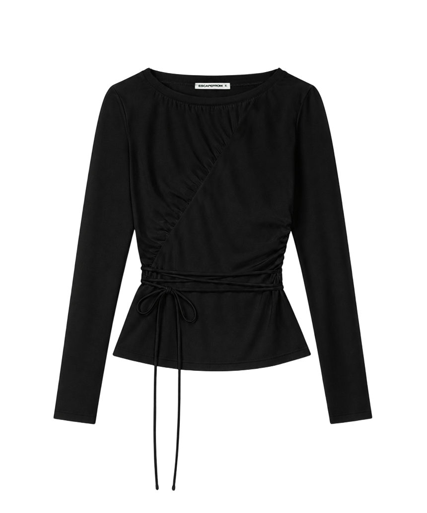 E262DLS005BK Escapefrom Diagonal Shirring Strap Point Long Sleeve Black