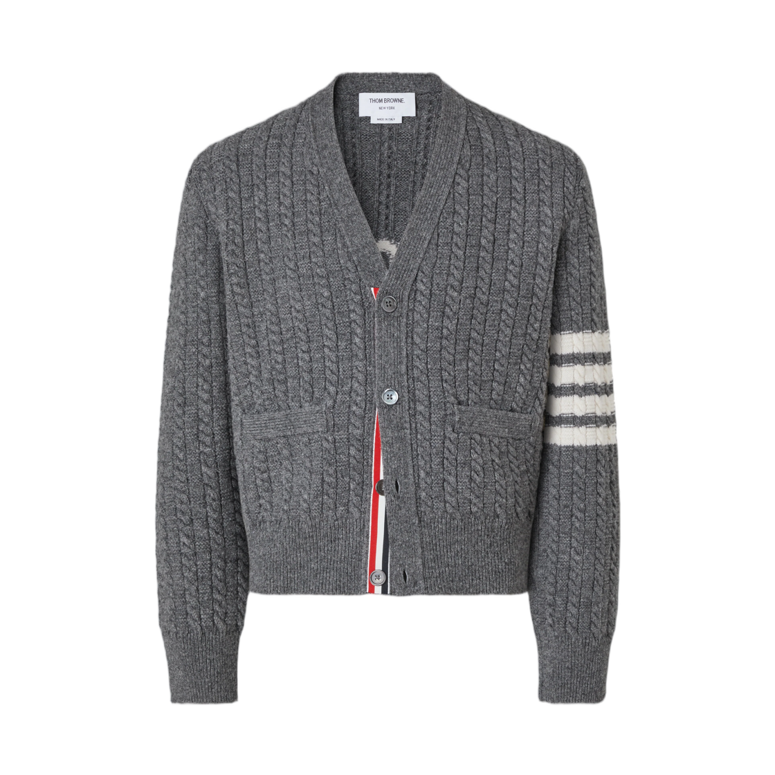 MKC661A-Y1005-035 Thom Browne Merino Wool 4-Bar Intarsia Anchor Cardigan Med Grey