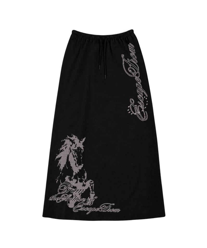 이스케이프프롬 아카이브 홀스 프린트 스웻 롱스커트 블랙(Escapefrom Archive Horse Print Sweat Long Skirt Black)