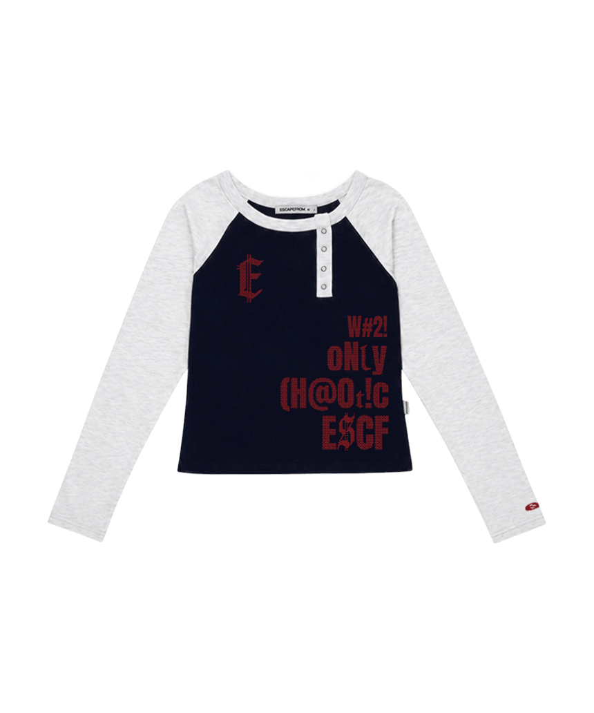 E262PSL012NV Escapefrom ESCF Pixel Typo Print Side Snap Long Sleeve Navy