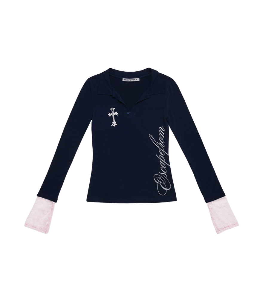 이스케이프프롬 ESCF 크로스 레터링 프린트 레이스 카라 롱슬리브 네이비(Escapefrom ESCF Cross Lettering Print Lace Collar Long Sleeve Navy)