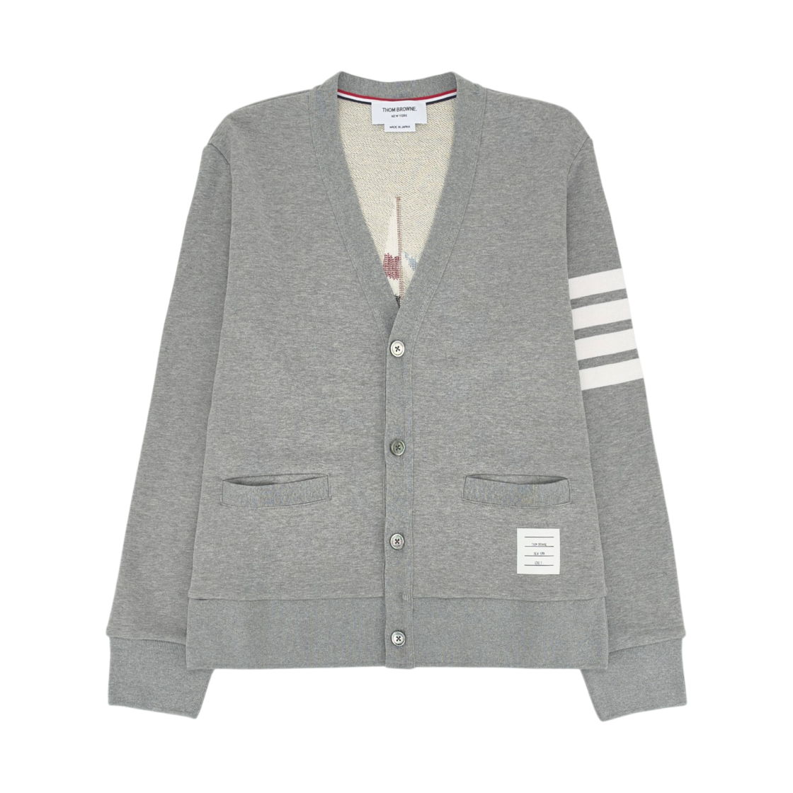 MJT582E-00535-055 Thom Browne Loopback 4-Bar Boat Embroidery Cardigan Light Grey