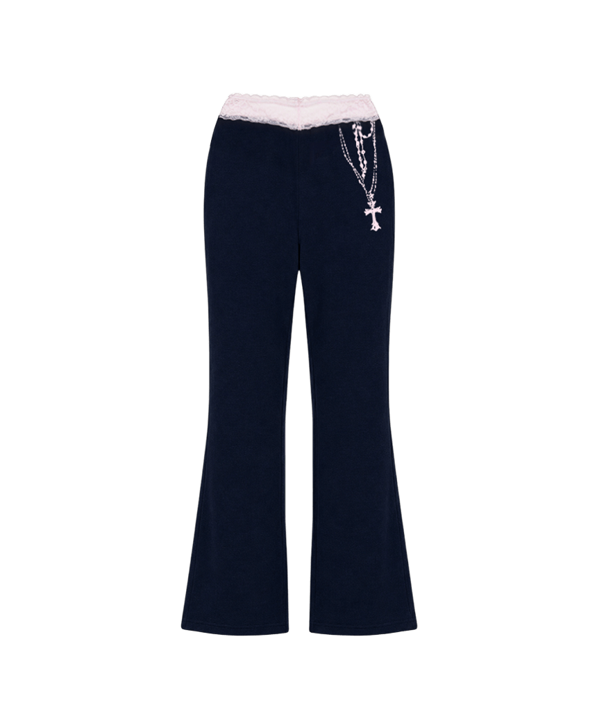 E262LSP002NV Escapefrom ESCF Cross Chain Print Lace Bootcut Sweatpants Navy