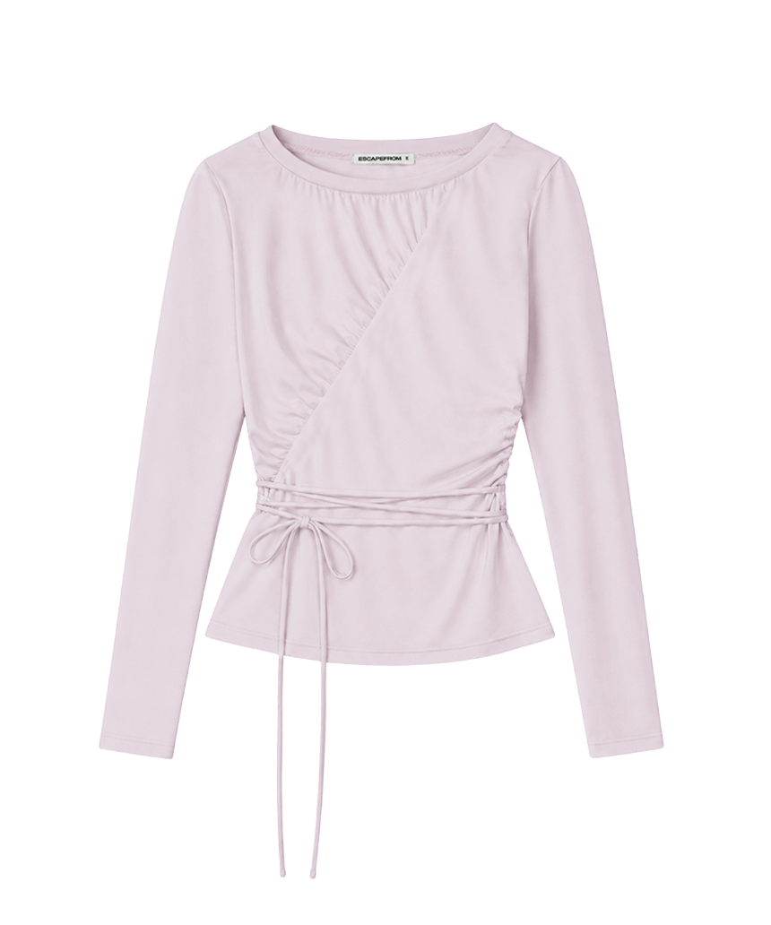 E262DLS002PN Escapefrom Diagonal Shirring Strap Point Long Sleeve Pink