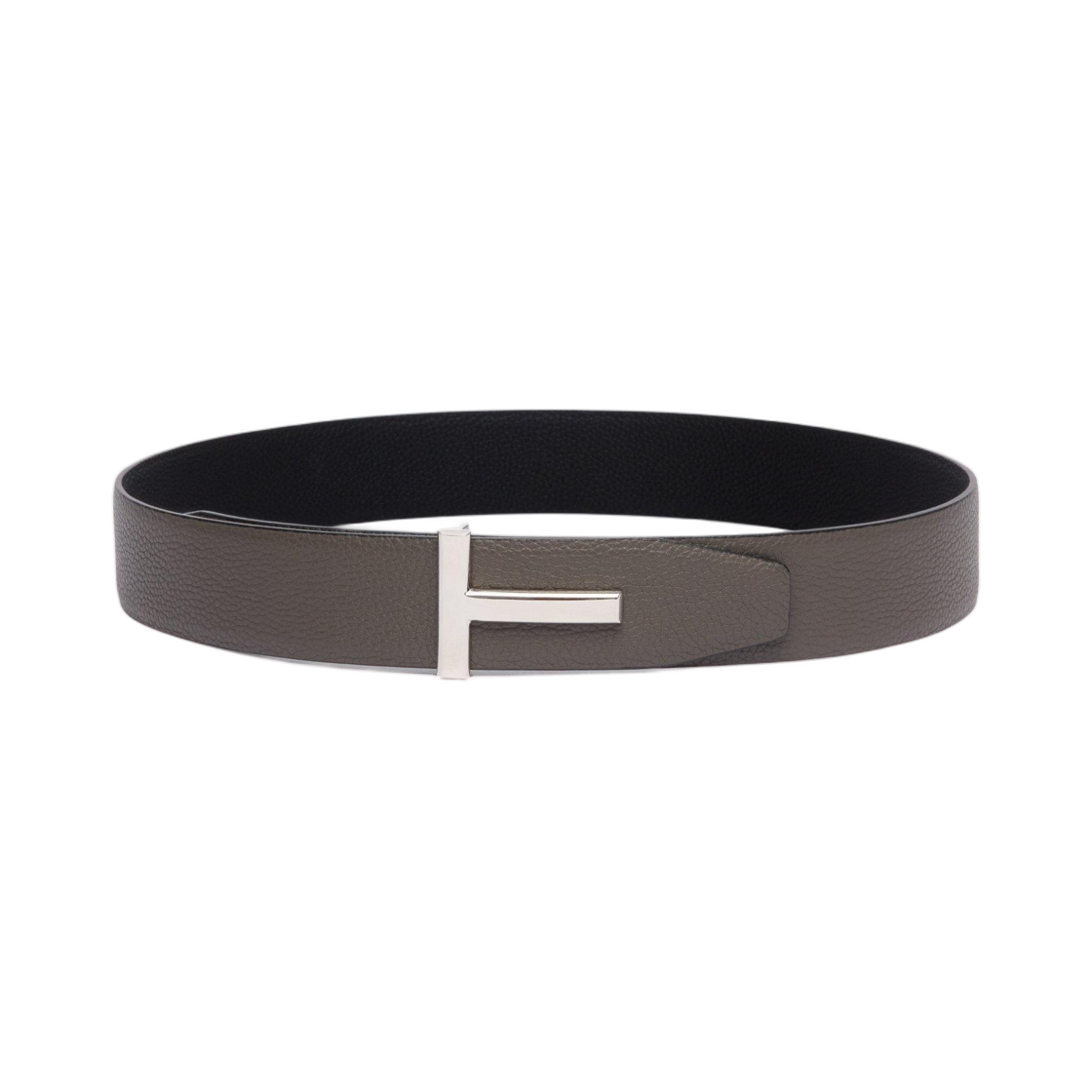 TB178-LCL236S-TNE Tom Ford Grain Leather T Icon Belt Smoke Grey Black