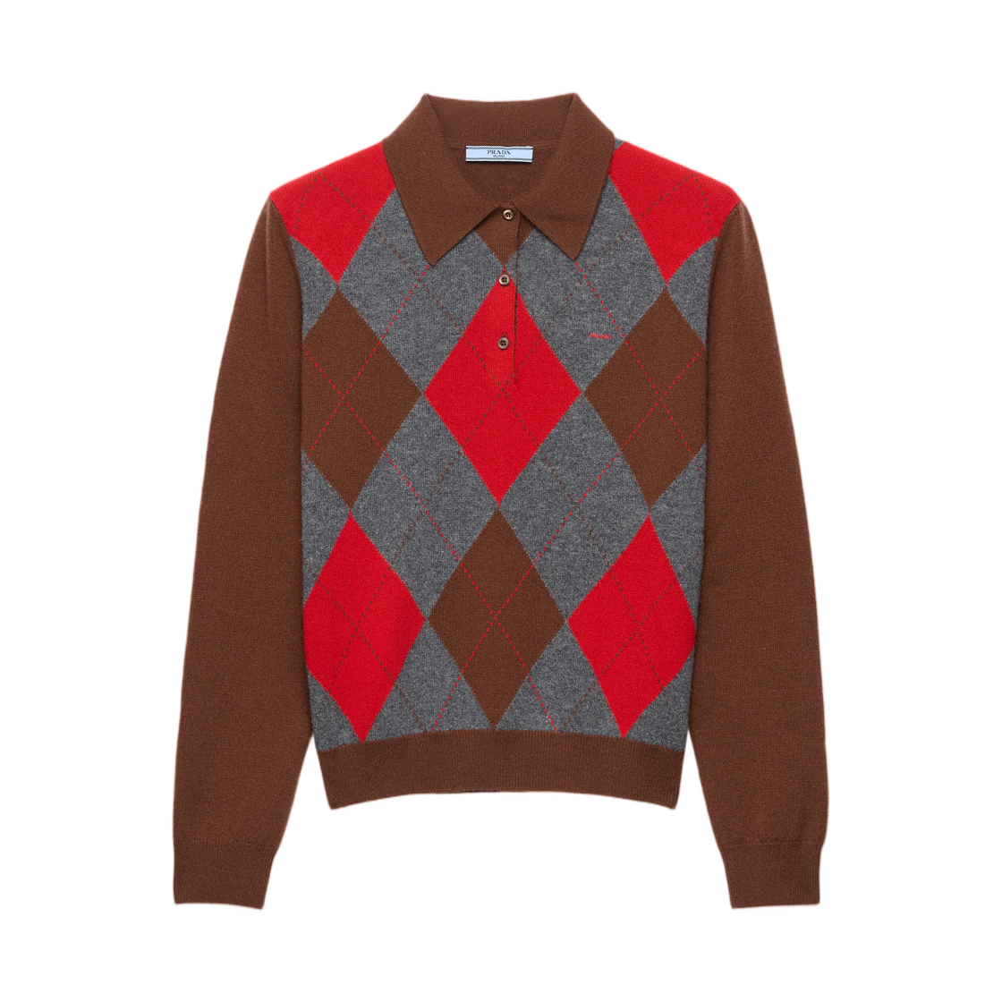 P24G3P-6519-F0CQJ (W) Prada Argyle Cashmere Polo Sweater Tobacco Slate