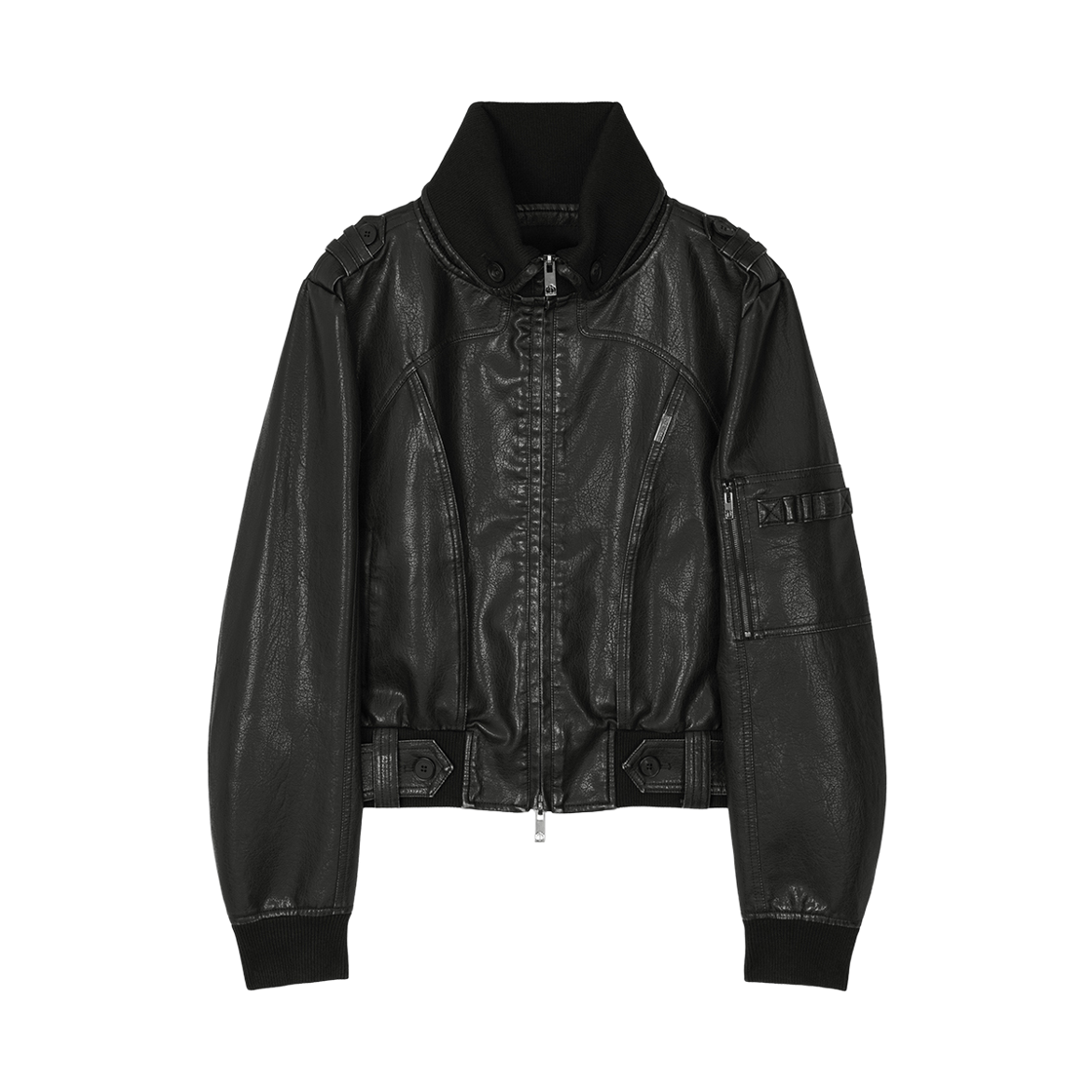 (W) 트리밍버드 하이넥 레더 봄버 자켓 블랙((W) Treemingbird High Neck Leather Bomber Jacket Black)