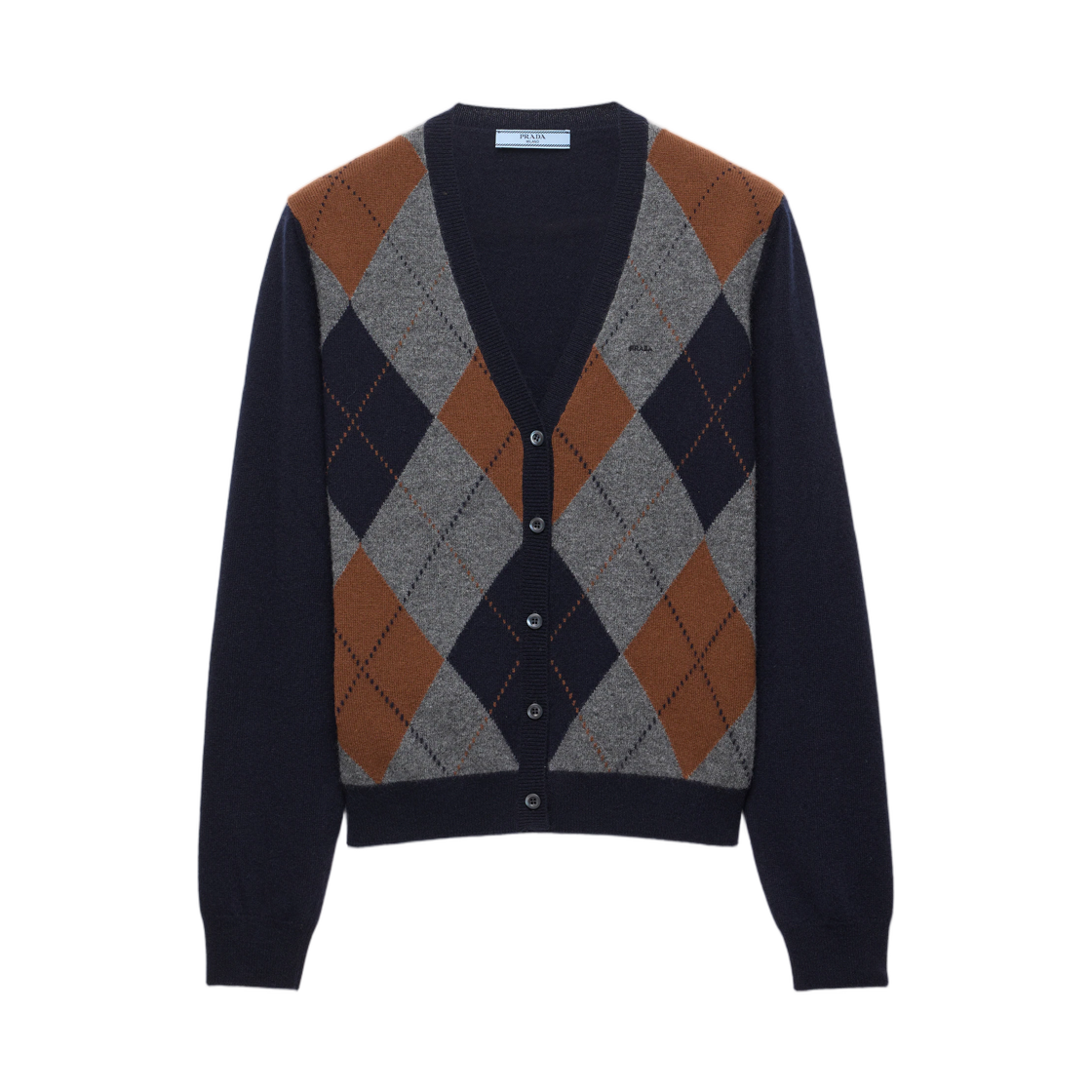 P25O48-6519-F0G7P (W) Prada Argyle Cashmere Cardigan Blue Slate Gray