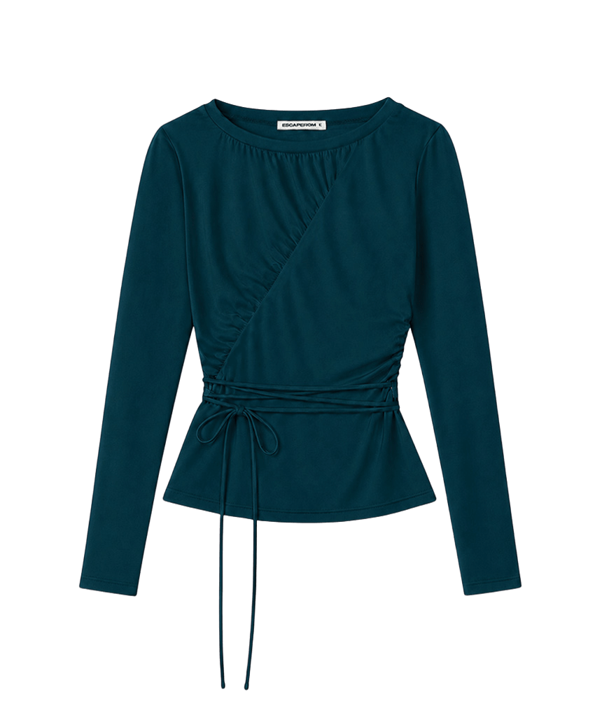 E262DLS004TQ Escapefrom Diagonal Shirring Strap Point Long Sleeve Turquoise Mint