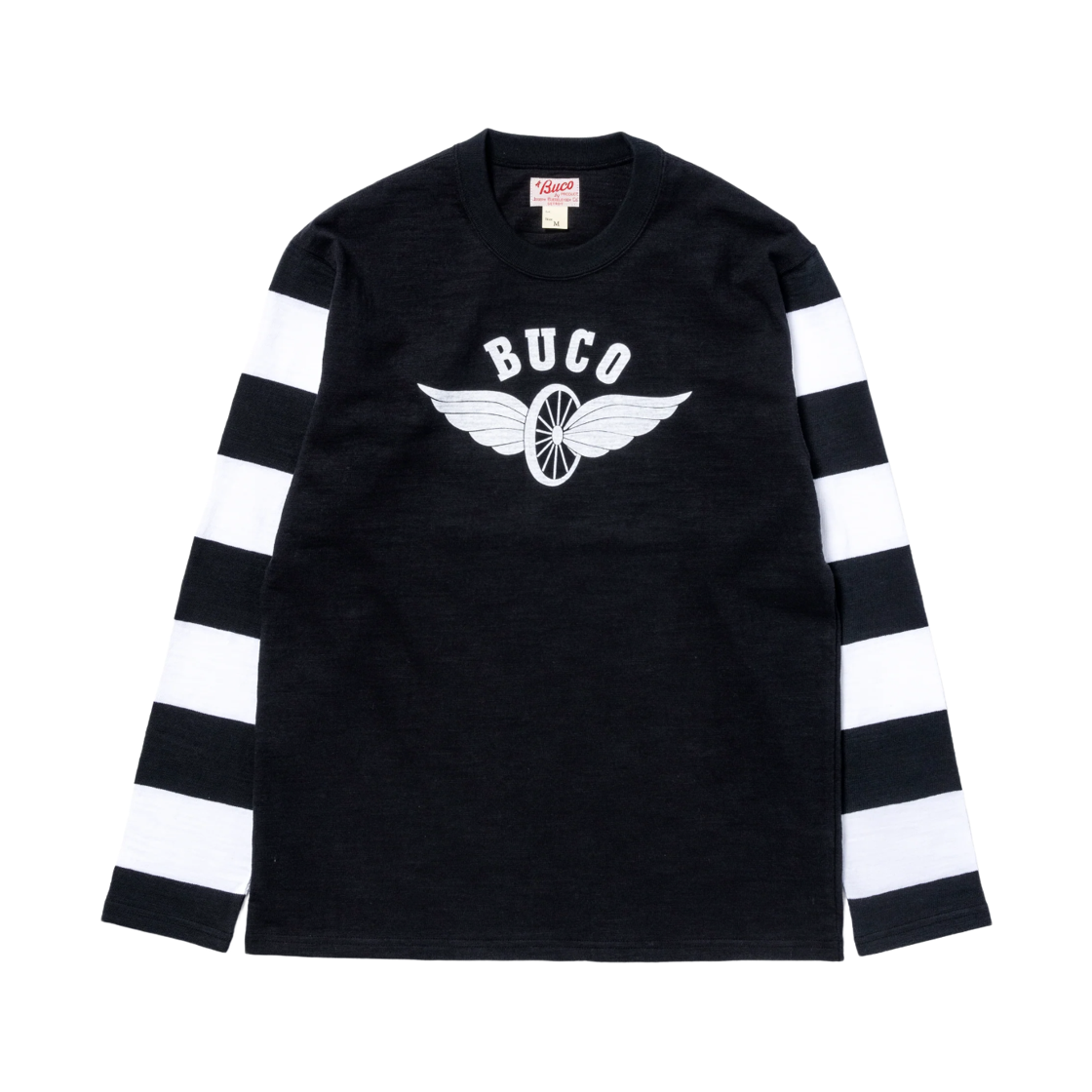 BC25001-301 The Real McCoy's Buco Flying Wheel Striped Sleeve T-Shirt Black White