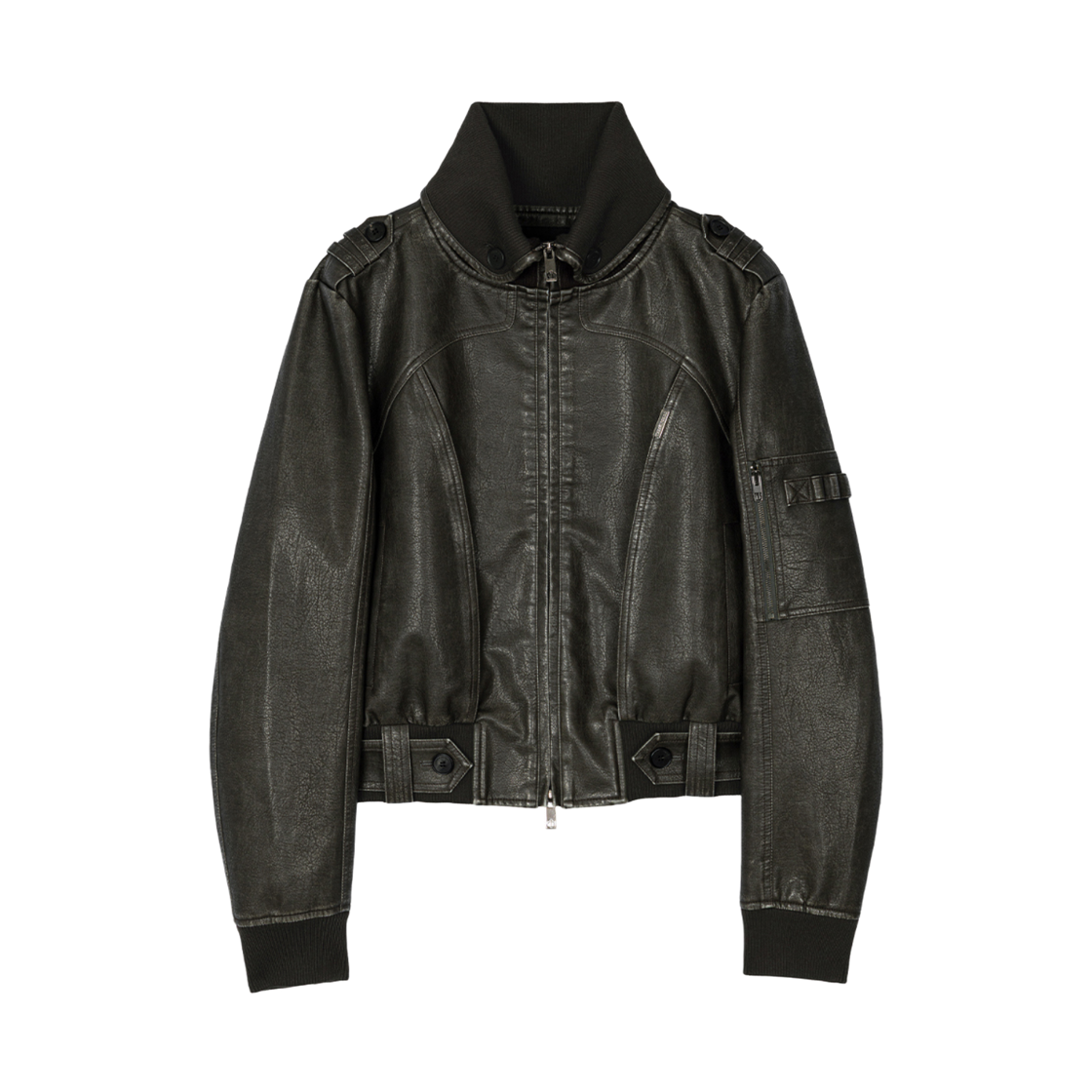 (W) 트리밍버드 하이넥 레더 봄버 자켓 그레이((W) Treemingbird High Neck Leather Bomber Jacket Gray)