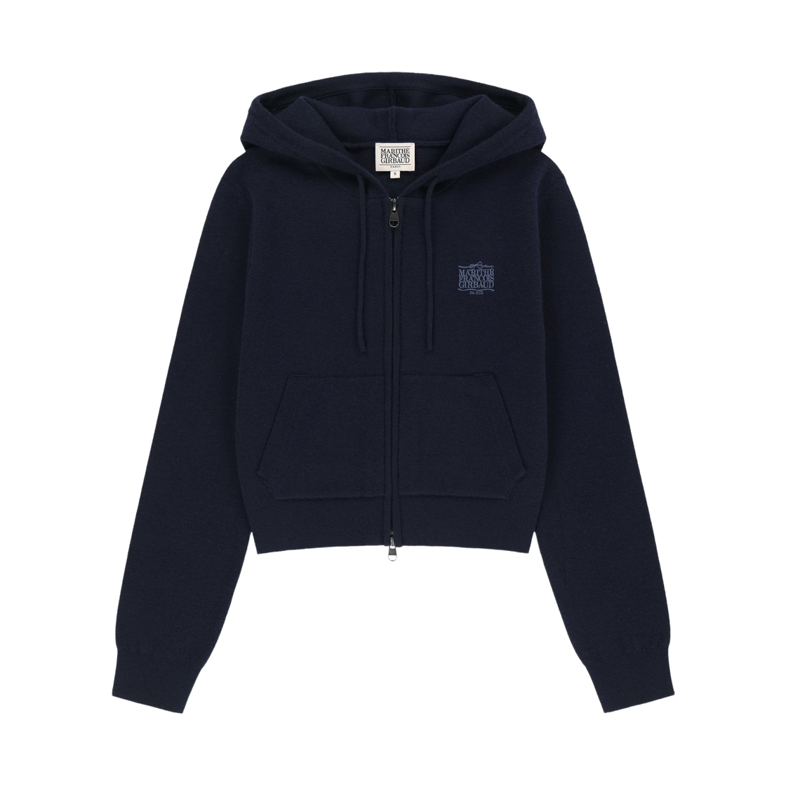 (W) 마리떼 프랑소와 저버 리본 클래식 로고 크롭 니트 후드 집업 네이비((W) Marithe Francois Girbaud Ribbon Classic Logo Crop Knit Hoodie Zip-Up Navy)