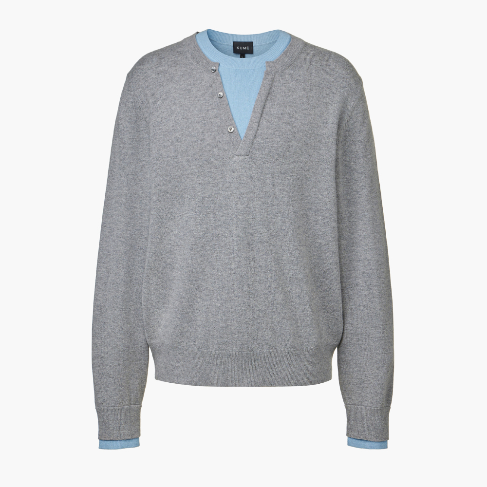 쿠메 남여공용 캐시미어  레이어드 디테일   라운드니트 그레이(KUME UNISEX Cashmere Blend Color-Block Layered Knit Melange Gray) - 2
