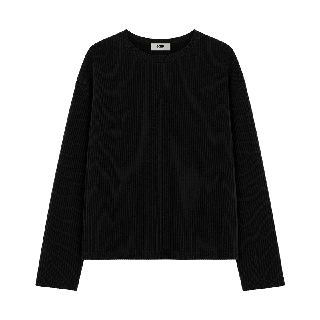 GC크롭니트쭉티-블랙 GCLIP Ribbed Round Neck Semi-Crop Knit Long Sleeve T-Shirt Black