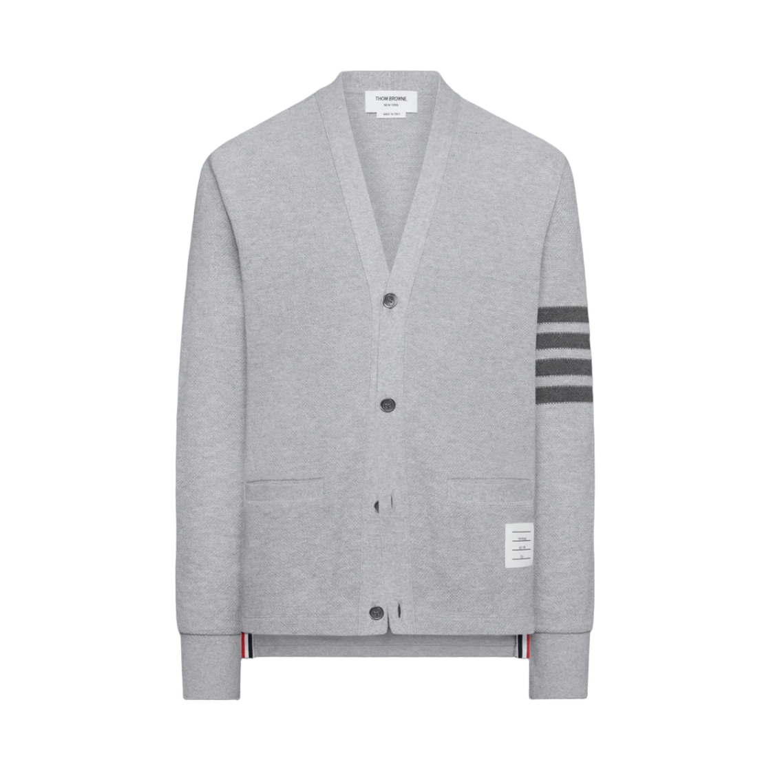 MJT554A-J0248-050 Thom Browne Textured Pique 4-Bar Cardigan Pale Grey