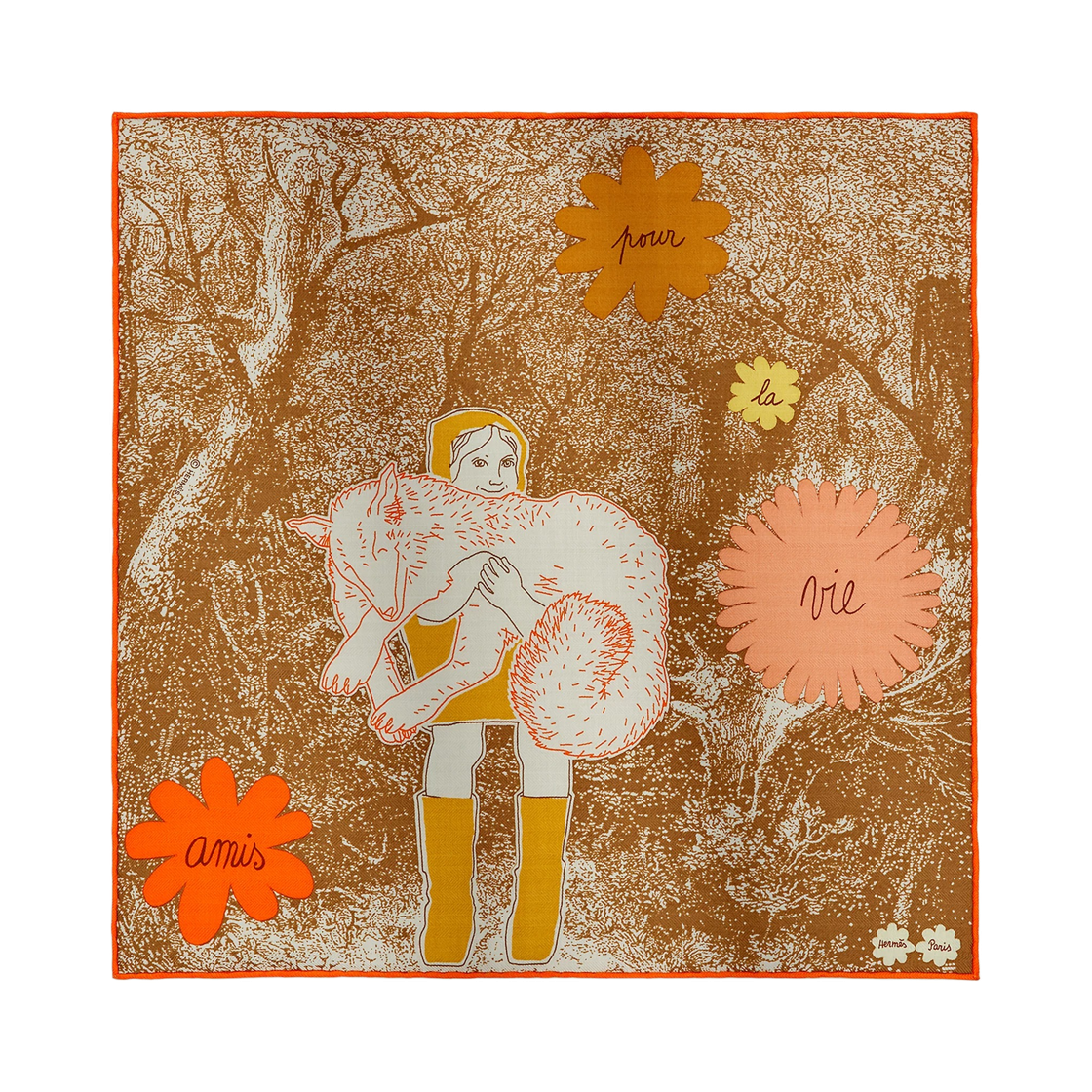 H742571S08 (W) Hermes Amis Pour La Vie Scarf 45 Cashmere Silk & Caramel Orange Miel