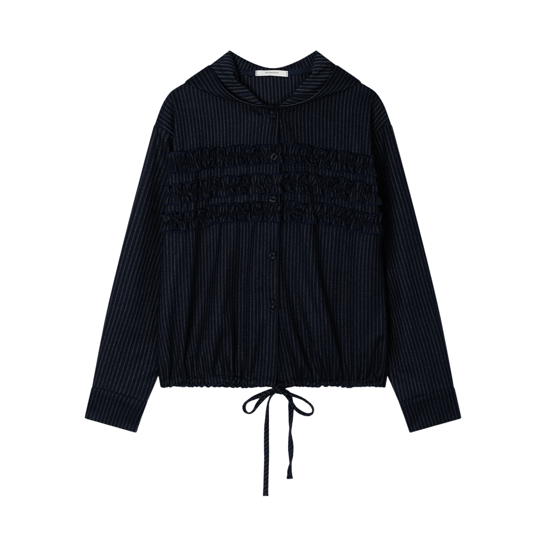 어글리쉐도우 스트라이프 러플 후디드 셔츠(네이비)(Uglyshadow Stripe Ruffle Hooded Shirt(Navy))